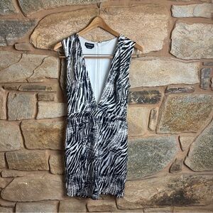 Y2K Bebe Zebra Print Deep V-Neck Bodycon Dress